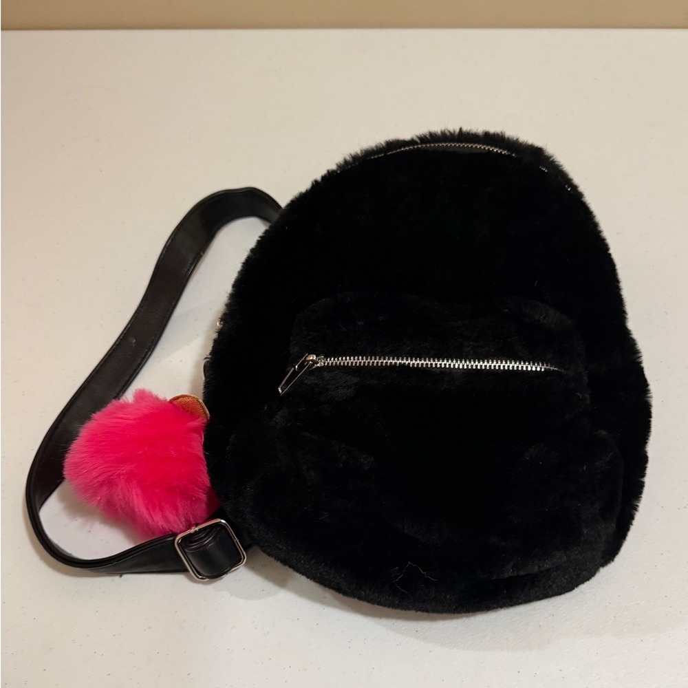 Mossimo Supply Co Black Faux Fur Mini Backpack Pink Pom Pom Keychain Accessory